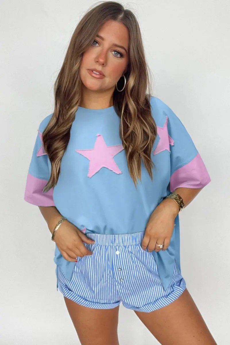 Myosotis Frayed Denim Star Patched Oversize T Shirt - Love Salve